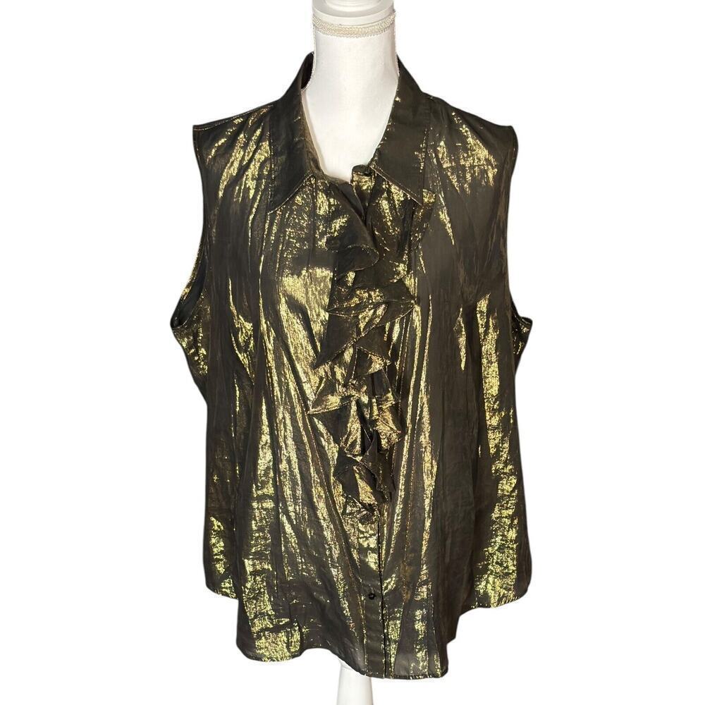 Ralph Lauren Gold Metallic Sleeveless Top Size 20W Silk Blend Dressy Glam Ruffle - Picture 2 of 9